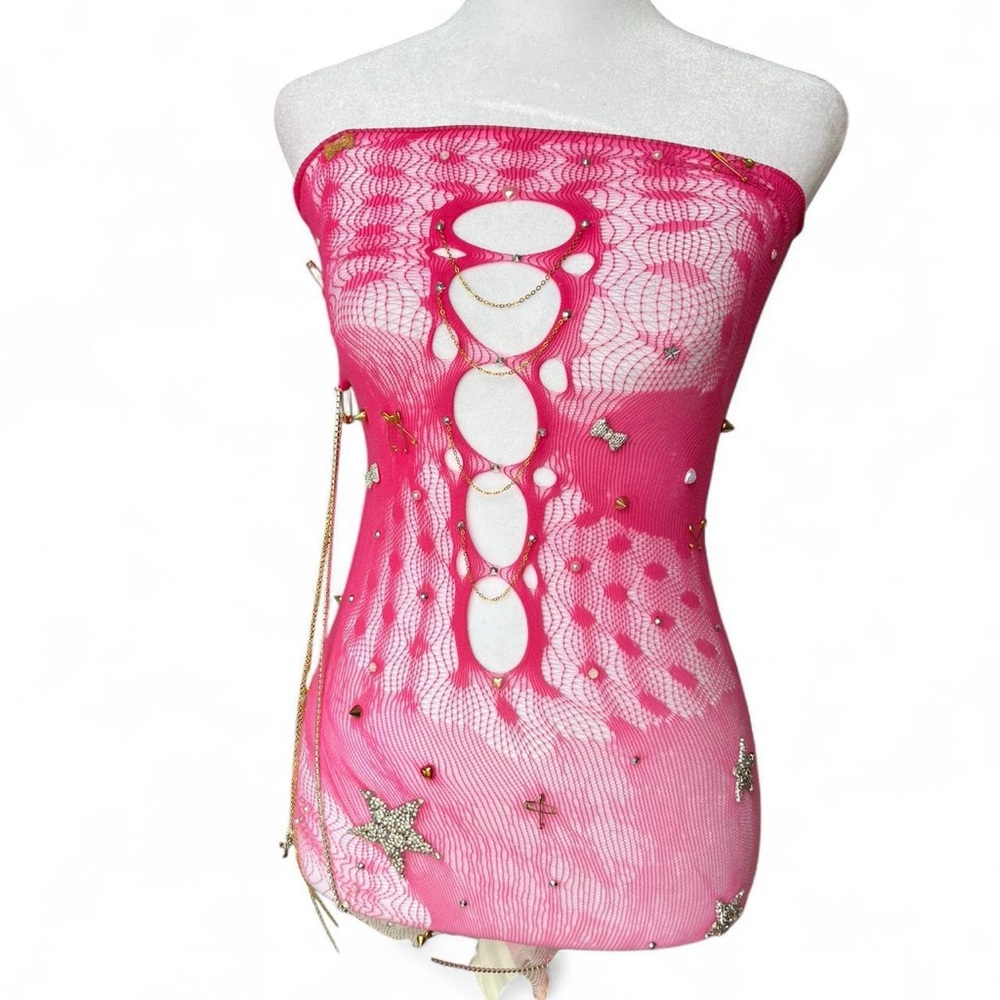 Pink Strapless Mesh Top with Star Accents